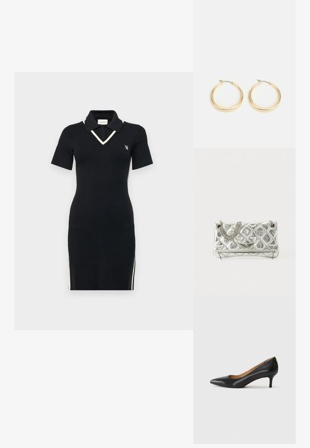 Črno pleteno polo oblačilo s kratkimi rokavi, V-izrezom, kontrastnim belim robom in stranskimi zadrgami. Ima majhen logotip na prsih.; Črne usnjene črpalke s koničastim nosom, nizko peto in gladko teksturo. Imajo rahlo odprtino spredaj in minimalno opremo zadaj.; Srebrna metalna torbica z verižnim ročajem, prešita tekstura, dekorativno šivanje in zadrga. Ima embosirane dodatke na sprednji strani.; Zlato-tonirane uhane v obliki obroča z gladkim, zaobljenim dizajnom, ki imajo tanek žičnati zapiralo in poliran zaključek za sijoč videz.