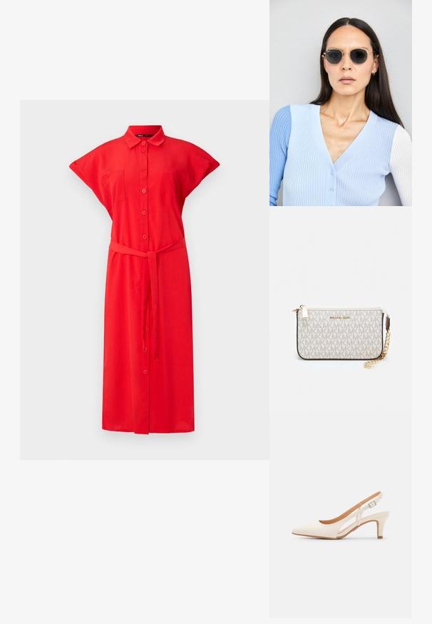 Vestido rojo de botones con mangas cortas, bolsillos frontales y un cinturón atado en la cintura, hecho de un tejido ligero. Color sólido con textura suave.; Zapato de tacón de tirantes blanco con punta afilada, material superior liso, tacón bajo y diseño con corte lateral con correa ajustable.; Gafas de sol redondas con lentes oscuros y montura dorada. El modelo lleva un cárdigan de canalé azul claro con botones y mangas blancas en contraste.; Monedero de muñeca Michael Kors en lona recubierta beige que presenta un patrón repetido del logo MK, herrajes dorados y una correa de cadena desmontable.
