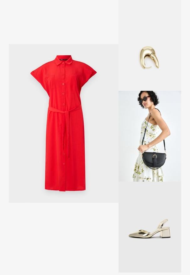 Rød skjortekjole med korte ærmer, forlommer og en knyttet taljebælte, lavet af letvægtsstof. Ensfarvet med glat tekstur.; Guld, metalliske slingback-hæle med spids tå og kraftig hæl. Glat tekstur, minimalistisk design og en smal strop.; Sort læderhåndtaske med en buet form, aftagelig rem og guldfinish. Tasken har en klap med en spænde detalje.; Guldtonet metal ørering med et slankt, buet design. Har en karakteristisk spids form, poleret overflade og hængselåbning.
