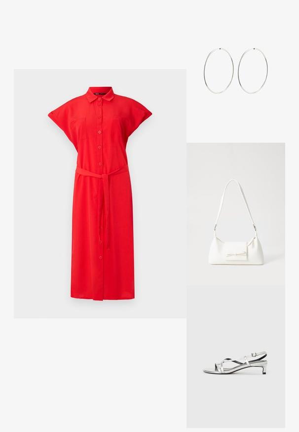 Rdeča obleka s kratkimi rokavi in gumbnim zapenjanjem, sprednjimi žeptami in pasom, ki se zaveže, izdelana iz lahkotnega materiala. Enobarvna s gladko teksturo.; Srebrne metalne sandale na peto s crisscross naramnicami in gladko teksturo. Minimalističen dizajn.; Bela sintetična torbica v obliki trikotnika, z ravnim sprednjim poklopcem in detajlom mašne, nastavljivim trakom, gladko teksturo in minimalističnim dizajnom.; Srebrne obročaste uhane z gladkim, okroglim dizajnom in poliranim zaključkom. So tanke in lahke, z enostavnim zapiranjem na sponko.