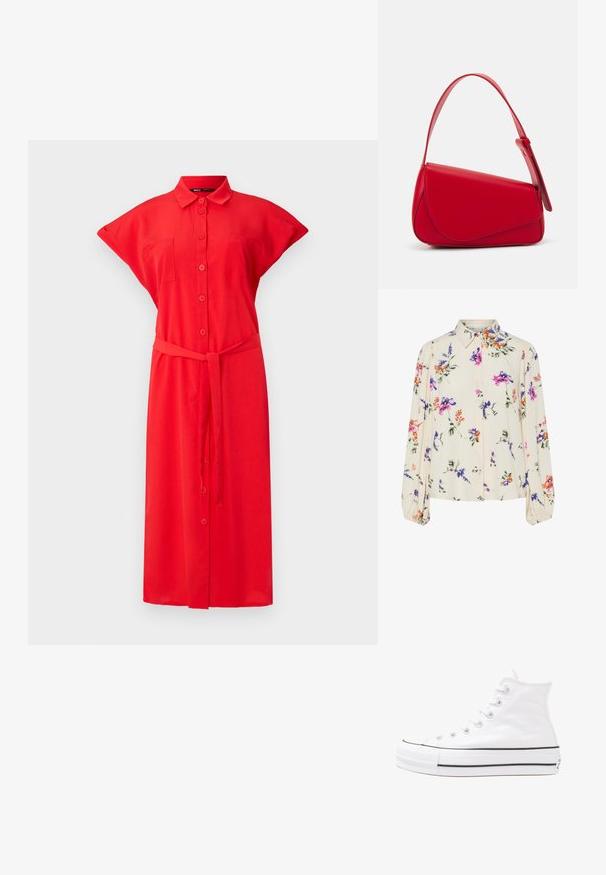 Červené šaty na knoflíky s krátkým rukávem, předními kapsami a zavazovacími pásky v pase, vyrobené z lehkého materiálu. Jednoduchá barva s hladkou texturou.; Květnatá blůza s dlouhými balónovými rukávy, světle krémové barvy, s fialovými, oranžovými a zelenými květinovými vzory a klasickým límečkem.; Bílé vysoké plátěné tenisky s černou gumovou podrážkou, přední gumovou špičkou a šesti očky na tkaničky, se čistým, minimalistickým designem.; Červená kožená kabelka s ostrým, geometrickým designem. Má jeden nastavitelný popruh a klopu s prošívanými detaily.