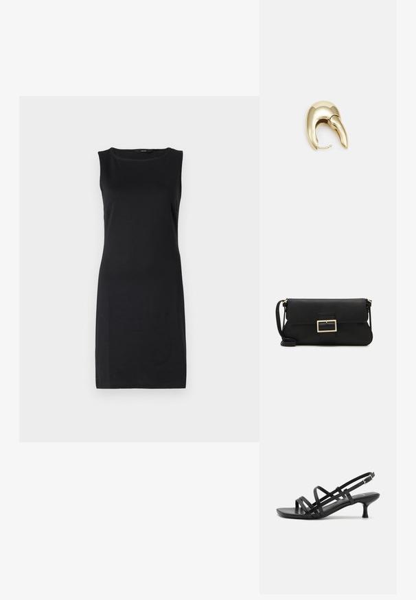 Fekete ujjatlan ruha kerek nyakkivágással, testhezálló fazonnal és sima, rugalmas anyagból. Nincsenek látható minták vagy fém részletek.; Fekete magassarkú szandálok több keresztben átkötött pánttal. Simább anyag, hegyes orr és keskeny sarok. Állítható bokapánt kapcsos rögzítéssel.; Fekete bőr kézitáska hajtóka részlettel és aranyszínű fém csattal. Tartalmaz egy fekete pántot és egy letisztult, minimális dizájnt.; Aranyszínű fém fülbevaló, elegáns, ívelt formával. Különleges hegyes alak, fényes felszín és zsanéros záródás jellemzi.