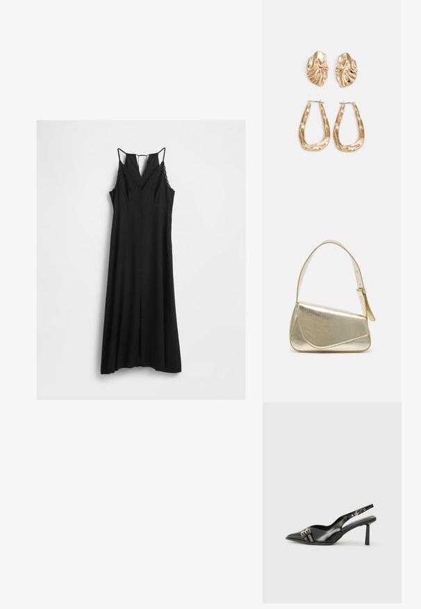 Černé maxi šaty bez rukávů s krajkovým lemem, výstřihem do V a tenkými ramínky, zavěšené na bílém pozadí.; Černá lakovaná slingback obuv s špičatou špičkou, kotníkovými pásky s kovovými sponami a příslušenstvím, a štíhlým podpatkem.; Zlatá metalická kabelka se strukturovaným designem, hladkým povrchem a nastavitelným popruhem. Disponuje unikátním trojúhelníkovým tvarem a minimalistickým prošitím.; Náušnice ve zlatém tónu s texturovanými, vlnitými tvary. Obsahují sochařské klipy a design otevřeného kruhu s kladivkovým povrchem.