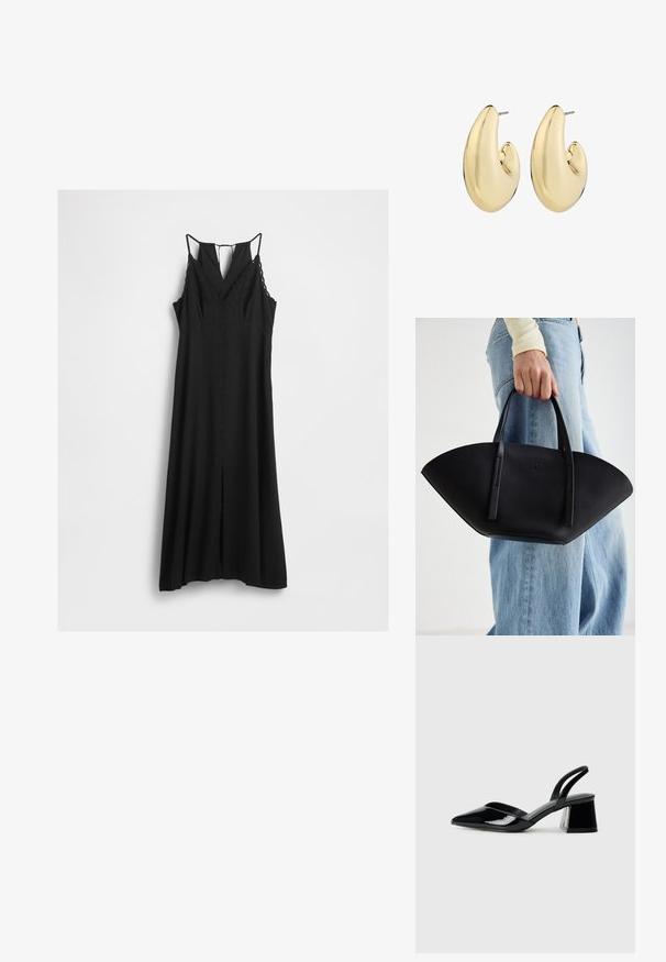 Schwarzes ärmelloses Maxikleid mit Spitzenbesatz, V-Ausschnitt und dünnen Trägern, vor einem weißen Hintergrund hängend.; Schwarze Lackleder-Slingback-High Heels mit spitzem Schuh und einem geometrischen Blockabsatz. Verfügt über ein schlankes, minimalistisches Design und eine glatte Textur.; Schwarze Lederhandtasche mit einzigartiger Fächerform, ausgestattet mit flachen Griffen. Die Oberfläche hat eine genoppte Textur und ein minimalistisches Design.; Goldfarbene Ohrringe mit einer glatten, abgerundeten Form, einem polierten Finish und einem Stiftverschluss für sicheren Tragekomfort.