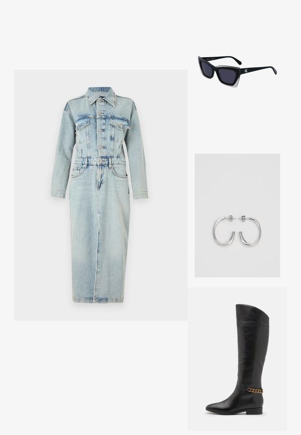 Heled sinine teksakleit pikkade varrukatega, nupuluku ees, kaks rinnaTaskut ja kitsas talje, mis üleminekuga kätkeb põlvekõrgust seelikut.; Kõrged mustad nahast saapad, millel on stiilne disain, terav nina ja kuldne kett aktsent pahkluul. Madal plokk-konts. Sile tekstuur.; Mustad suured mustad prillid geomeetrilise kujuga, tumedate läätsedega ja kontrastse halli detailiga raamidel. Logo käe peal.; Hõbedast rõngaskõrvarõngad sileda ja läikiva pinnaga, kõveriku kujuga ning postitaksega sulgur. Minimalistlik disain kaasaegse viimistlusega.