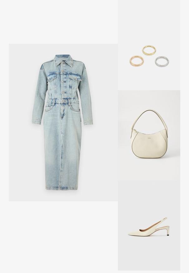 Ανοιχτό μπλε τζιν φόρεμα με μακριά μανίκια, κουμπιά μπροστά, δύο τσέπες στο στήθος και εφαρμοστό κόψιμο στη μέση που μεταβαίνει σε φούστα μέχρι το γόνατο.; Μπαλαρίνα με μυτερή μύτη σε εκρού δέρμα, με χαμηλό τακούνι και κομψό σχέδιο κοπής, διαθέτοντας λεία υφή και ελάχιστες λεπτομέρειες.; Κρεμ τσάντα χειρός με υφή, καμπύλη σχήμα, κοντό χερούλι και χρυσό λογότυπο. Κλείσιμο με φερμουάρ στην κορυφή.; Τρία μεταλλικά δαχτυλίδια: ένα ροζ χρυσό, ένα χρυσό με υφές και ένα ασημένιο, όλα με εγχαραγμένο λογότυπο στην εσωτερική πλευρά.