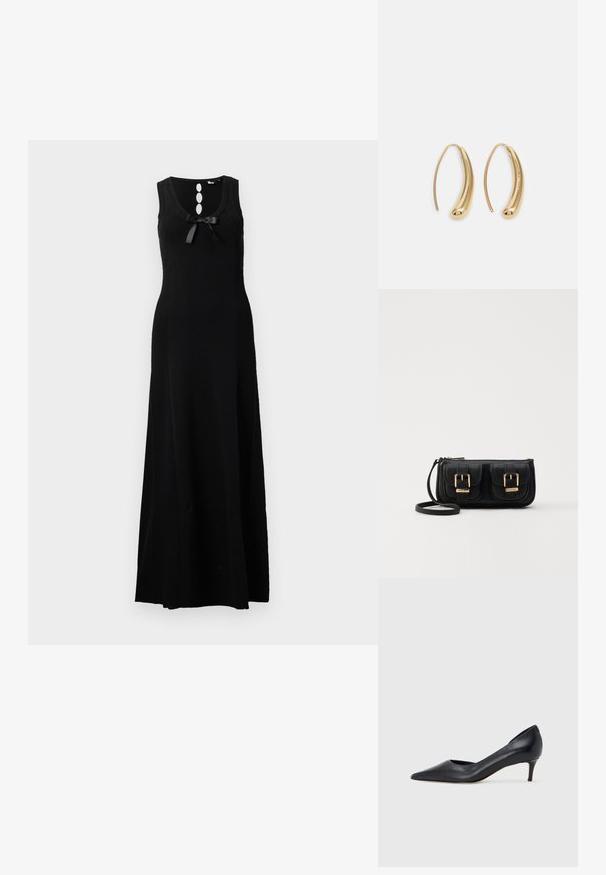 Svart ermeløs maxikjole med rund hals, tre knappdetaljer og en sløyfedeal foran. Glatt strikket materiale.; Sort lærpumps med spiss tupp og lav hæl. Har en jevn tekstur og subtil glans. Åpen utskjæring foran for ekstra detalj.; Svart skinn crossbody veske med to frontlommer, gyldne spenner, glidelåslukking og en slank stropp. Teksturert overflate og kompakt rektangulær form.; Gullfargede metalløredobber med en buet, forlenget form. Har en jevn, blank overflate og en avrundet tupp for ekstra detaljer.