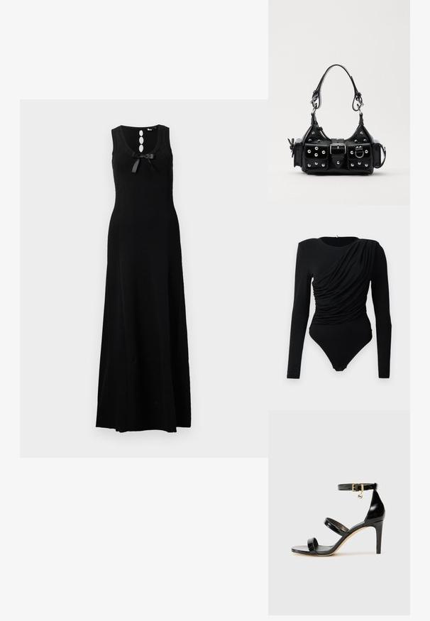 Musta õlgadeta maxi kleit, ümarate kaelustega, kolme nööpDetailiga ja ees paelaga. Siledast kudumismaterjalist.; Musthave mustaga sleevesega mustaga bodi, millel on asümmeetrilised voldid ees ning snapsulged kubeme piirkonnas.; Must musta nahk sandaal kolme rihmaga, pahkluu vööga ja 4-tollise stilettakontsaga. Omab kuldset detaili ja logovõtit.; Must värvi nahast käekott, millel on kaarjas disain, hõbedased nupukesed, kinnitusahe ja kaks külgtaskut. Reguleeritav rihm erinevate kandmisvõimaluste jaoks.