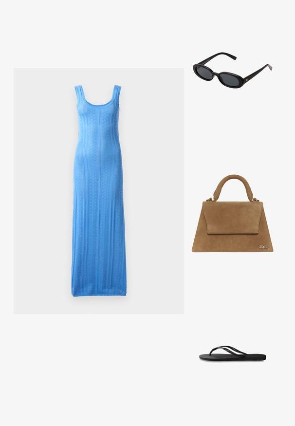 Svijetloplava pletena maxi haljina s izrezom u obliku kruške, uskim naramenicama i teksturiranim vertikalnim prugama; uski kroj koji se spušta do rubnog dijela.; Crne japanke s teksturiranom gumenenom potplatom, dva uska remena i suptilnim, urezanim logom na remenu.; Crne velike sunčane naočale s ovalnim staklima, glatkim plastičnim okvirom i zlatnim detaljima na sljepočnicama. Tamna stakla pružaju zaštitu od sunca.; Smeđi nubuk torbica sa strukturom u obliku trokuta, sa ručkom na vrhu i preklopom. Ima suptilni detalj sa logotipom sa strane.