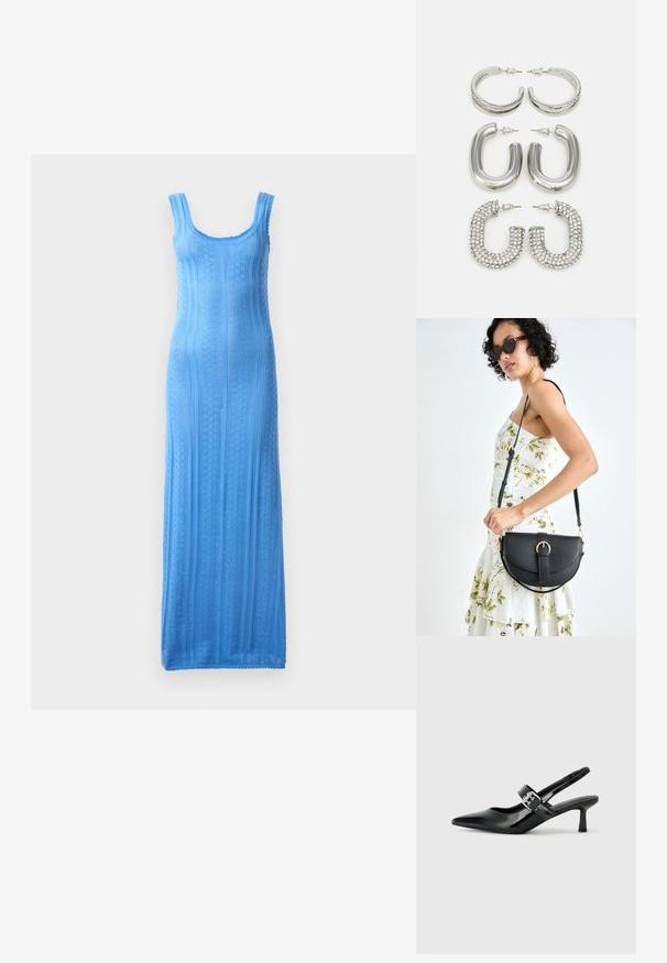 Vestido maxi de malha azul claro com decote arredondado, alças finas e riscas verticais texturizadas; silhueta ajustada que se estende até a bainha.; Saltos slingback em verniz preto com bico pontiagudo e um pequeno salto bloco, apresentando um detalhe de fivela prateada na tira.; Bolsa de couro preta com forma curva, alça destacável e detalhes em dourado. A bolsa possui uma aba com detalhe de fivela.; Quatro pares de brincos de prata: dois designs de argolas lisas e brilhantes, um texturizado e um coberto com pequenas pedras de strass transparentes.