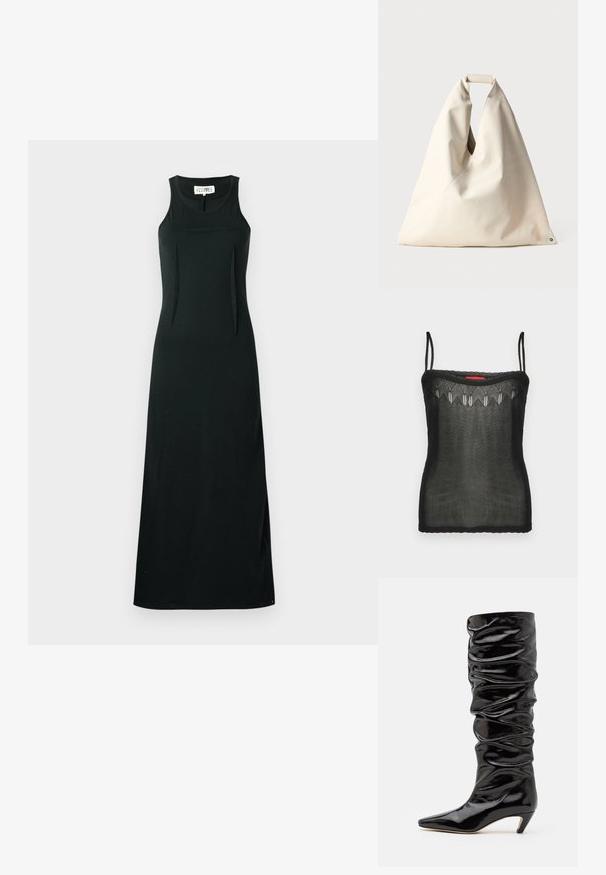 Juoda be rankovių maksi suknelė su prigludusia liemene ir šoninėmis skeltuvėmis. Pagaminta iš minkštos, tekstūruotos medžiagos su lygiu paviršiumi.; Juodas camisole tipo marškinėlis, pagamintas iš permatomo audinio, puošnus subtiliais siuvinėjimais aplink iškirptę ir plonomis reguliuojamomis petnešomis.; Juodas, blizgus iki kelių siekiantis botas su raukšlėtu paviršiumi, smailiu pirštu ir žemu kūgio kulnu. Lygus audinys su subtiliu blizgesiu.; Bežinė, minkštos tekstūros rankinė su unikalia susuktų rankenų konstrukcija ir įstrižomis siūlėmis. Minimalistinio dizaino su apvaliu akcentu apačioje.
