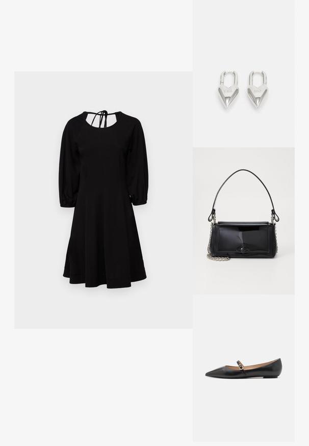 Sort kjole med tætsiddende liv, puffede ærmer og plisseret nederdel. Har rund halsudskæring og knyttet rygdetalje. Glat tekstur.; Sorte læder balletflade med spids tå og en side rem med et rundt guldaccent. Letvægts med en flad sål.; Sort patenteret læder håndtaske med rektangulær form, kædestrop, og et særpræget hardwaredetalje i midten. Glat tekstur.; Sølv hjerteformede hængelåse med indgraveret "JA" og "NEJ" tekst, poleret finish, symmetrisk design og en robust metalklap.