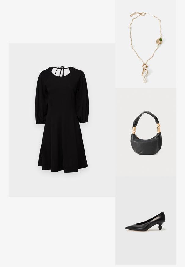 Mustat kleid, millel on liibuv korsett, puhvärviga varrukad ja pleeditud seelik. Omab ümmargust kaelust ja seotud seljatagat. Sile tekstuur.; Must musta kõrge kontsaga king, millel on terav nina ja ümar, pallikujuline konts. Sile pind ja elegantne, minimalistlik disain.; Must mustrepp nahkakott ümmarguse kujuga, pehme tekstuuriga ja sõlmiga käepidemega, millel on kuldse tooni aksessuaarid. Lukuga sulgemine.; Kuldne kaelakee keerutatud linkidega, valgete pärlitega ja rohelise kivi aktsendiga. Omab keerukaid detaile ja klambrit kinnitamiseks.