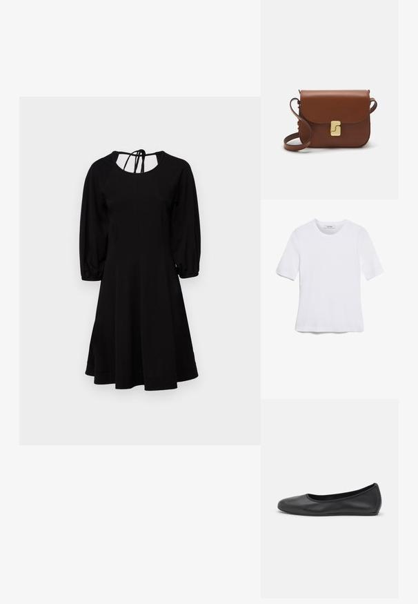 Čierne šaty s priliehavou korunkou, vypchatými rukávmi a plisovanou sukňou. Majú zaoblený výstrih a viazanie na chrbte. Hladká textúra.; Biela krátka tričko s krátkymi rukávmi vyrobené z rebrovanej látky. Klasický okrúhly výstrih, bežný strih a jemné švy. Bez vzorov alebo grafiky.; Čierne kožené baleríny s okrúhlou špičkou, hladkým povrchom, minimálnym prešívaním a flexibilným dizajnom podrážky.; Hnedá kožená kabelka s klopou, zlatými kovovými prvkami, ramenným popruhom a hladkým povrchom. Kompaktný obdĺžnikový tvar.