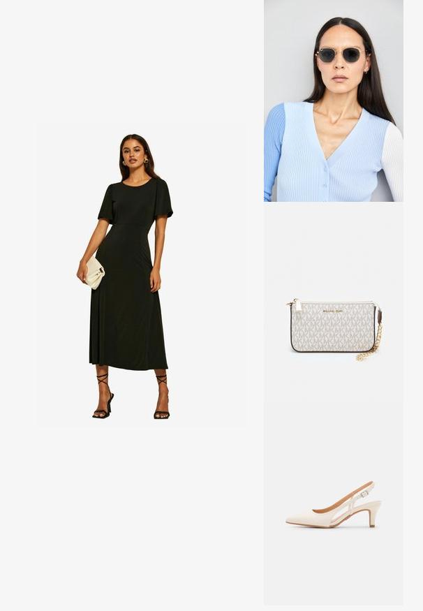 Friends Like These ITY FLUTTER SHORT SLEEVE MIDI - Trikotāžas kleita - black; Baltas siksniņveida papēdis ar smailu purngalu, gludu augšējo materiālu, zemu blokpapēdi un sānu izgriezumu dizainu ar regulējamu sprādzi.; Apaļas saulesbrilles ar tumšiem objektīviem un zeltītām rāmēm. Modelis valkā gaiši zilu, ribotu kardigānu ar pogām un kontrastējošām baltām piedurknēm.; Michaela Korsa rokassomi bez̦ā īšojuma, kas izgatavota no apklāta kanvas, iekļaujot atkārtotu MK logotipa rakstu, zelta aparatūru un noņemamu ķēdes siksnu.