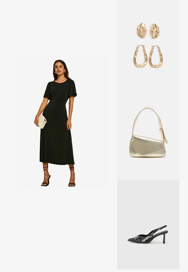 Friends Like These ITY FLUTTER SHORT SLEEVE MIDI - Rochie din jerseu - black; Pantofii slingback din piele lăcuită neagră, cu vârf ascuțit, bretele pentru gleznă cu catarame și accesorii din argint, și un toc subțire.; Geantă de umăr metalică aurie cu un design structurat, textură netedă și curea reglabilă. Prezintă o formă triangulară unică și cusături minimaliste.; Cercei aurii cu forme texturate și ondulate. Include studs sculpturale cu clip și un design de cerc deschis cu un finisaj cioplit.