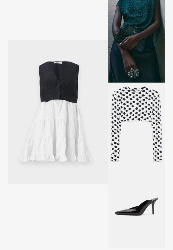 sandro ROBE - Kasdienė suknelė - noir/ecru; Trumpas ilgomis rankovėmis marškinėliai iš tamprus balto audinio su juodais taškeliais, lygia tekstūra ir apvaliu kaklu.; Juodas lakinės odos aukštakulnis sandalai su smailiu nosiu ir elegantiška siluetu, turintys atvirą nugarą ir ploną stiletą.; Juodas krokodilo odos rašto vakarėlis su sidabriniais aksesuarais, laikomas prieš tekstūruotą pilką foną. Pasižymi blizgiu paviršiumi.