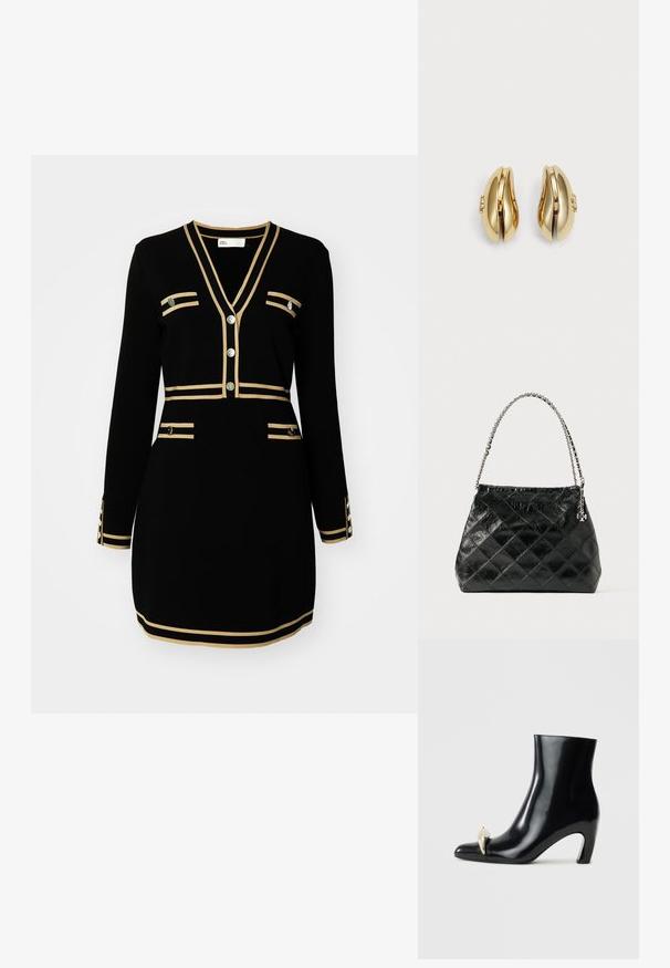 Rochie neagră cu mâneci lungi, decolteu în V, dungi accentuate cu auriu și patru buzunare decorative, având detalii cu butoane metalice.; Cizme negre peste glezna, realizate din piele lucioasă, cu vârf ascuțit și un accent decorativ aurii și argintii în față. Design cu toc pătrat.; Geantă de mână din piele neagră matlasată, cu mâner din lănțișor argintiu, cu un design structurat și textură netedă.; Cercei aurii cu un design curbat și fluid. Fiecare cercei are o suprafață netedă și un mic sistem de prindere cu un detaliu decorativ.