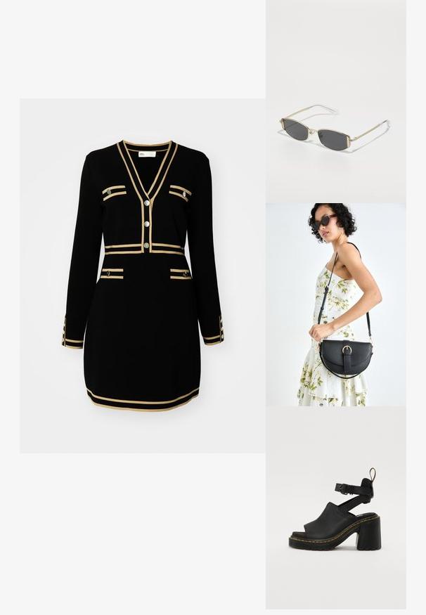 Fekete ruha hosszú ujjakkal, V nyakkivágással, arany díszítésű csíkokkal és négy dekoratív zsebbel, fém gomb részletekkel.; Fekete, nyitott orrú, magas sarkú szandál, állítható bokapánttal, sima bőrből készült felső résszel és texturált gumi talppal, sárga varrással kiemelve.; Arany fém napszemüveg ovális formával, sötétszürke lencsékkel és átlátszó szárakkal. Díszítő elemek találhatók a kereten.; Fekete bőrtáska ívelt formával, levehető pánttal és arany színű fémrészekkel. A táskán egy csattal díszített fedél található.