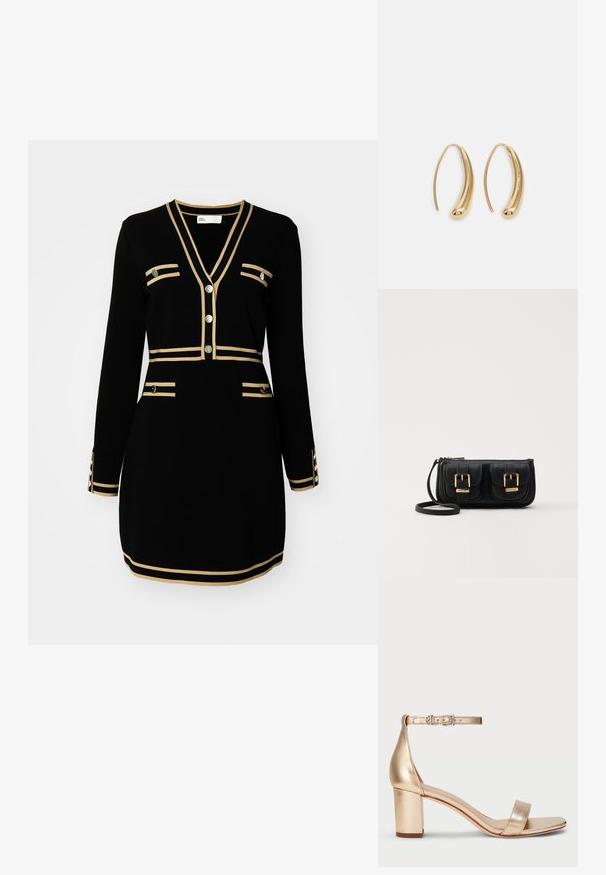 Fekete ruha hosszú ujjakkal, V nyakkivágással, arany díszítésű csíkokkal és négy dekoratív zsebbel, fém gomb részletekkel.; Lauren Ralph Lauren LOGAN METALLIC NAPPA LEATHER SANDAL - Szandálok - platinum; Fekete bőr keresztbody táska két elülső zsebbel, arany csattokkal, cipzáras záródással és vékony pánttal. Textúrált felület és kompakt téglalap alak.; Aranyszínű fémből készült karika fülbevalók ívelt, hosszúkás formával. Simaságával és fényes felületével, valamint lekerekített végével további részletekkel bővül.