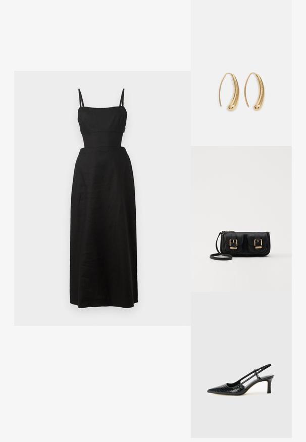 Musthave, õlakuvaritega maksimekk, millel on sobiv ülemine osa ja lai seelik; valmistatud kergest kangast, omab õhukesi reguleeritavaid rihmu.; Mustmust paelad, millel on terav varvas, tekstuuriga maduprindiga, reguleeritav rihm ja lühike tekstuuriga plokknina.; Must küllastamata nahast õlakott, millel on kaks esist nähtavat taskut, kuldsed pandlad, tõmblukuga sulgemine ja peen rihm. Tekstuuriga pind ja kompaktne ristkülikukujuline kuju.; Kuldtoonilised metallist rõngas kõrvarõngad, millel on kõver ja piklik kuju. Omavad siledat, läikivat pinda ja ümarat tipptugevdust, mis lisab detaili.