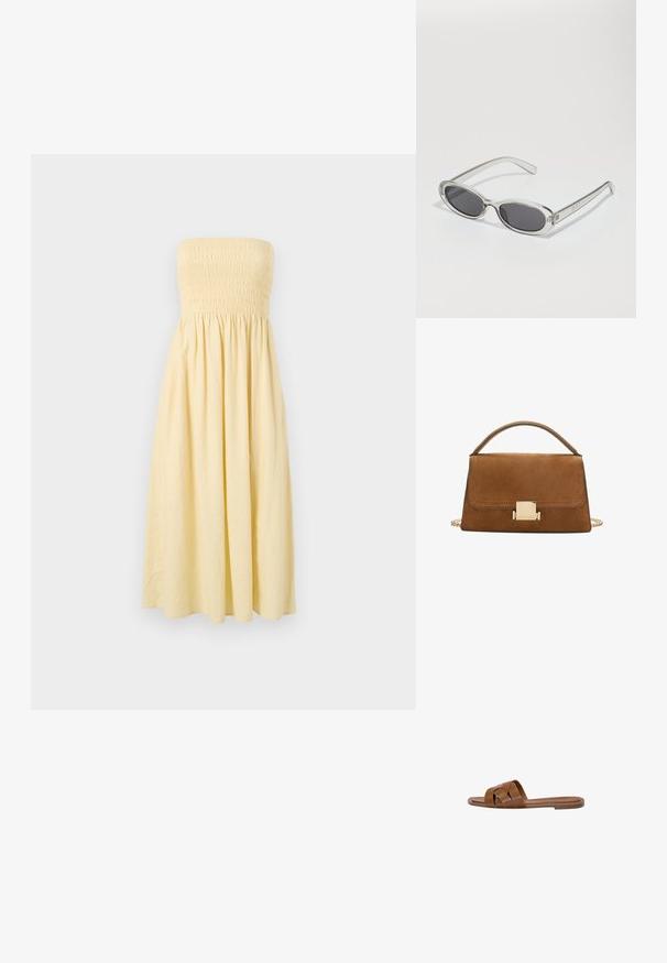 Haljina bez naramenica žute boje s nabranym korzetom i lepršavom A-linijom, izrađena od laganog materijala, s jedinstvenom bojom i bez uzoraka.; Smeđe kožne sandale na klizanje s ukriženim trakama, ravnim potplatom i glatkom površinom. Jednostavan dizajn bez ukrasa ili uzoraka.; Naočale u ovalnom obliku, okvir od prozirne plastike, tamno sivi leće i tanke prozirne ručke s logotipom i minimalnim detaljima.; Smeđa suđena torbica s zlatnim kvadratnim kopčanjem, gornjom ručkom i lančanim remenom. Ima pravokutni oblik i zaobljene ivice.