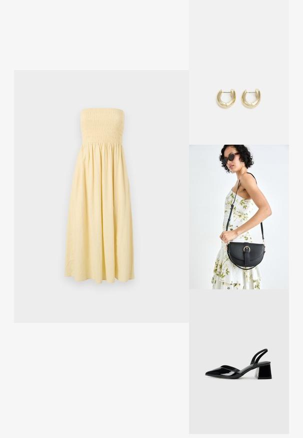 Brezzna rumena obleka brez naramnic s smockanim bodicem in svobodnim A-linijskim krilom, narejena iz lahkotnega materiala, ima enotno barvo in brez vzorcev.; Črne lakirane slingback pete s koničastim nosom in geometrijsko blokasto peto. Imajo eleganten, minimalističen dizajn in gladko teksturo.; Črna usnjena torbica s ukrivljeno obliko, z odstranljivo naramnico in zlatimi dodatki. Torbica ima pokrov s podrobnostmi v obliki zaponke.; Zlato-tonirani uhani v obliki obroča z gladko, polirano površino. Imajo obliko polkroga in varno zaponko na peto.