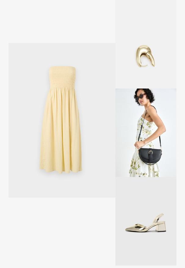 Šaty bez ramínek v žluté barvě s nařaseným živůtkem a splývavou, áčkovou sukní, vyrobené z lehkého materiálu, mají jednotnou barvu a žádné vzory.; Kovové zlaté pantofle na podpatku s špičatou špičkou a masivním podpatkem. Hladký povrch, minimalisticý design a úzký pásek.; Černá kožená kabelka s křivkovým tvarem, odnímatelným popruhem a zlatými detaily. Kabelka má klopu s přezkou.; Náušnice ve zlatém tónu z kovu s elegantním zakřiveným designem. Vyznačují se jedinečným špičatým tvarem, lesklým povrchem a závěsem na kloub.