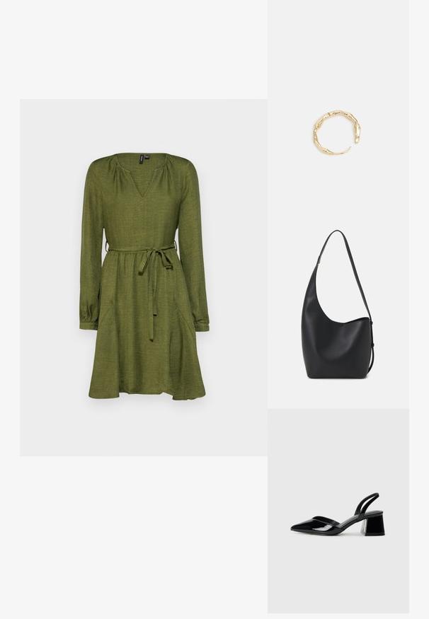 Zaļas kleitas ar V veida izgriezumu, garām piedurknēm un jostu. Satur sānu kabatas un ir brīvas piegriezuma, izgatavota no teksturētas auduma.; Melna lakota āda ar atvērto papēdi, ar smailu purngalu un ģeometrisku blokpapēdi. Iezīmējas elegants, minimāls dizains un gluda tekstūra.; Melnas ādas hobo soma ar gludu tekstūru, izliekta forma un vienu regulējamu jostu; augšā ir plaša atvere.; Zelta toņa gredzens ar organisku, vērptu dizainu, gludu virsmu un sašaurinātiem galiem, radot mūsdienīgu, skulpturālu izskatu.