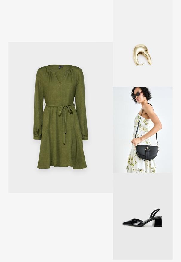 Zelena obleka z V-izrezom, dolgimi rokavi in pasom za zavezovanje. Ima stranska žepa in sproščen kroj, izdelana je iz teksturirane tkanine.; Črne lakirane slingback pete s koničastim nosom in geometrijsko blokasto peto. Imajo eleganten, minimalističen dizajn in gladko teksturo.; Črna usnjena torbica s ukrivljeno obliko, z odstranljivo naramnico in zlatimi dodatki. Torbica ima pokrov s podrobnostmi v obliki zaponke.; Uhane nakit iz zlatastega tona z gladko, ukrivljeno zasnovo. Ima edinstveno koničasto obliko, polirano površino in zaponko s tečajem.