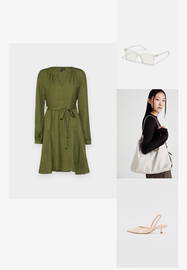 Zöld ruha V-kivágással, hosszú ujjakkal és megkötős övvel. Oldalzsebekkel és laza fazonnal rendelkezik, texturált anyagból készült.; Bézs színű lakkbőr slingback magassarkú cipők hegyes orral és vékony, négyzetes sarkú dizájnnal. Simább textúra és minimalista stílus, díszítések nélkül.; Átlátszó műanyag négyzet alakú szemüveg, áttetsző lencsékkel, arany díszítéssel a szárakon a fokozott részletekért.; Puha anyagból készült bézs kézitáska, laza dizájnnal, varrott részletekkel és két vállpánttal. Mindennapi használatra alkalmas.