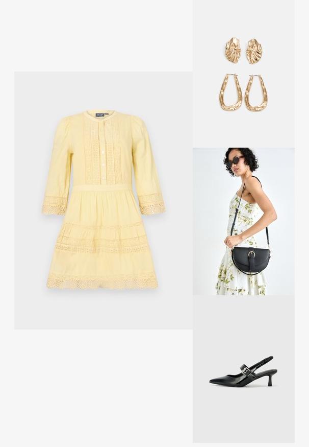 Žlté šaty s dlhými rukávmi, gombíkovým zapínaním a čipkovým detailom na trup a leme. Ľahký materiál, design s vrstvenou sukňou.; Čierne patentové kožené sandále na podpätku so špicatou špičkou a malým blokovým podpätkom, s dekoratívnou striebornou sponou na remienku.; Čierna kožená kabelka s zaobleným tvarom, odnímateľným popruhom a zlatými doplnkami. Kabelka má klopu s detailom s prackou.; Náušnice v zlatej farbe s textúrovanými, vlnitými tvarmi. Obsahujú sochárske klipsové náušnice a otvorený tvar krúžku s kladivkovým povrchom.