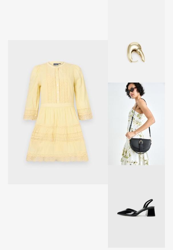 Žuta haljina s dugim rukavima, prednjim dugmadi i čipkastim detaljima na tijelu i rubu. Lagani materijal, dizajn suknje u slojevima.; Crne lakirane kožne sandale s otvorenom petom i špicastim vrhom, s geometrijskom blok petom. Imaju elegantan, minimalistički dizajn i glatku teksturu.; Crna kožna torba s lukovitim oblikom, odvojivim remenom i zlatnim detaljima. Torba ima preklop s kopčom.; Zlatne metalne naušnice s elegantnim, zakrivljenim dizajnom. Imaju karakterističan šiljast oblik, poliranu površinu i zatvaranje na šarku.