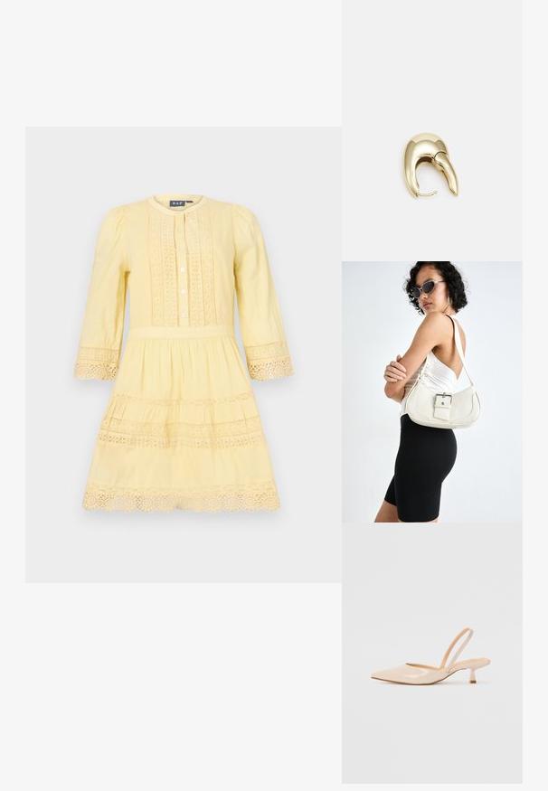 Rumena obleka z dolgimi rokavi, gumbi spredaj in čipkastimi detajli na telesu in robu. Lahka tkanina, zasnova s plastmi.; Bež čevlji na peto iz patentiranega usnja, s koničastim nosom in ozko kvadratno peto. Gladka tekstura in minimalističen dizajn brez okrasja.; Bela usnjena torbica s ukrivljeno obliko, nastavljivim trakom in majhnim detajlom s sponko. Model nosi oprijet črno obleko.; Uhane nakit iz zlatastega tona z gladko, ukrivljeno zasnovo. Ima edinstveno koničasto obliko, polirano površino in zaponko s tečajem.
