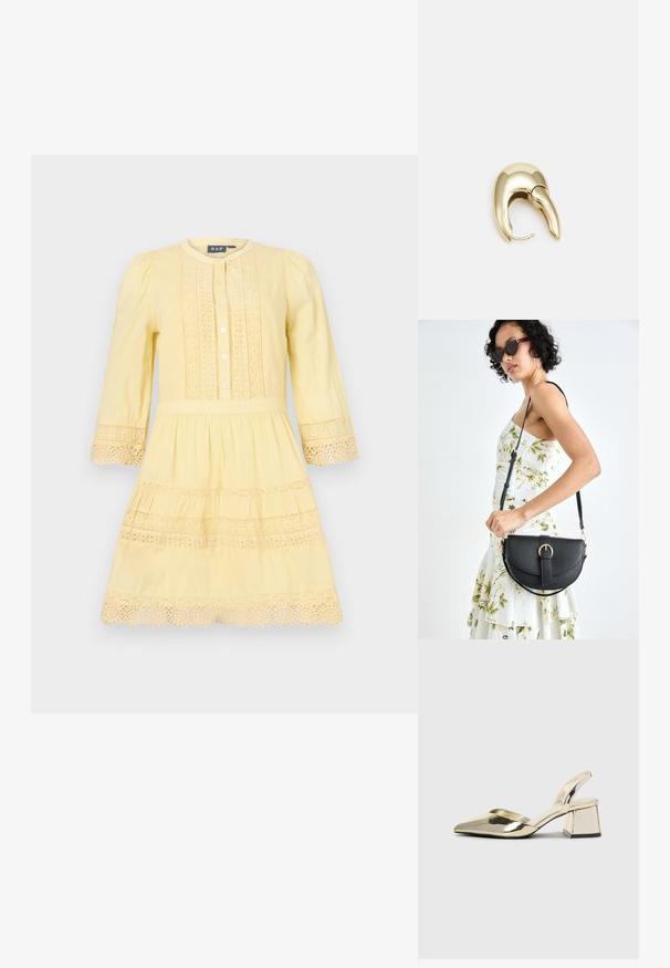 Gelbes Kleid mit langen Ärmeln, Knopfleiste und Spitze an der Taille sowie am Saum. Leichter Stoff, gestuftes Rockdesign.; Goldene, metallische Slingback-Absätze mit spitzem Zeh und dicker Ferse. Glatte Textur, minimalistisches Design und ein schmaler Riemen.; Schwarze Lederhandtasche mit geschwungener Form, abnehmbarem Tragegurt und goldenen Beschlägen. Die Tasche verfügt über einen Deckel mit einer Schnallen-Details.; Ohrringe aus goldfarbenem Metall mit einem schlanken, geschwungenen Design. Sie verfügen über eine markante, spitze Form, eine polierte Oberfläche und einen Scharnierverschluss.