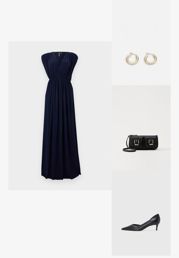 Vestido maxi azul-marinho feito de tecido fluido, apresentando um decote em V profundo, ombros franzidos e uma cintura elástica para dar forma.; Sapato de salto alto preto em pele com bico fino e salto baixo. Apresenta uma textura suave e brilho subtil. Corte aberto na parte da frente para um detalhe adicional.; Bolsa de ombro em couro preto com dois bolsos frontais, fivelas douradas, fecho de zíper e uma alça fina. Superfície texturizada e forma retangular compacta.; Lauren Ralph Lauren BASIC SMALL HOOP - Brincos - gold-coloured