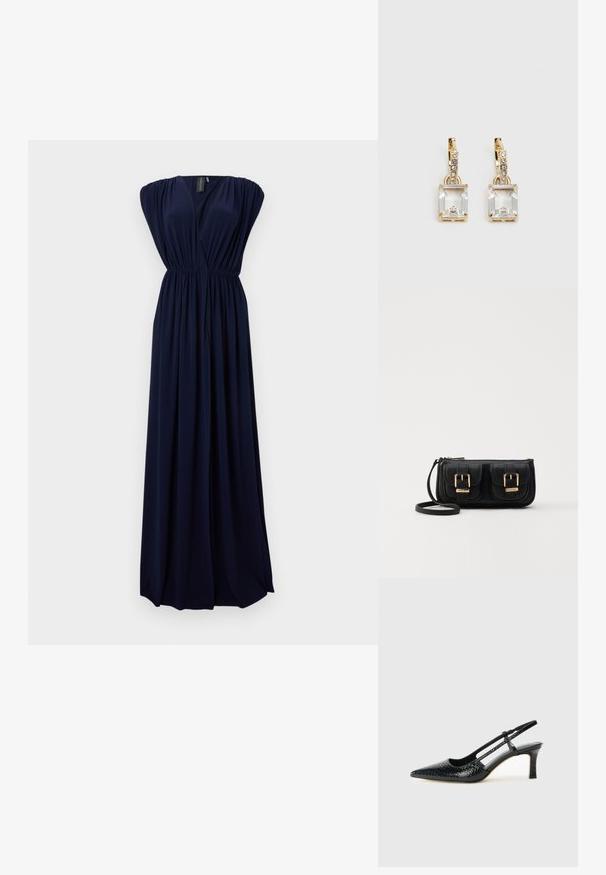 Navyblaues Maxikleid aus fließendem Stoff, mit tiefem V-Ausschnitt, gerafften Schultern und einem elastischen Taillenbund für eine figurschmeichelnde Silhouette.; Schwarze Lack-Slingback-Pumps mit spitzem Zehenbereich, versehen mit strukturiertem Schlangenprint, verstellbarem Riemen und einem kurzen, strukturierten Blockabsatz.; Schwarze Leder-Umhängetasche mit zwei vorderen Taschen, goldenen Schnallen, Reißverschluss und einem schmalen Tragegurt. Texturierte Oberfläche und kompakte rechteckige Form.; Ohrringe in Goldfarbe mit einem rechteckigen, durchsichtigen Kristall, der unter einer Reihe kleiner, runder klarer Akzente hängt. Elegantes, modernes Design.