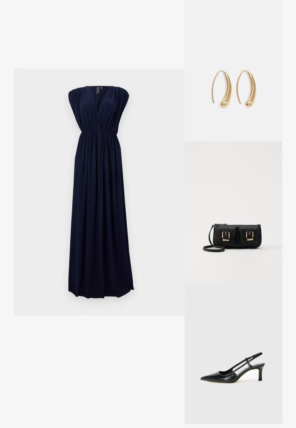 Námořnická modrá maxi šaty vyrobené z lehkého materiálu, s hlubokým výstřihem do V, nařasenými rameny a elastickým pasem pro tvar.; Černé lakované slingback podpatky s špičatou špičkou, zdobené texturovaným hadím vzorem, nastavovacím páskem a krátkým texturovaným blokovým podpatkem.; Černá kožená crossbody taška se dvěma předními kapsami, zlatými přezkami, zipovým uzávěrem a štíhlým popruhem. Texturovaný povrch a kompaktní obdélníkový tvar.; Náušnice ve tvaru kruhu z pozlaceného kovu s vroubkovaným, prodlouženým tvarem. Mají hladký, lesklý povrch a zaoblený konec pro zvýraznění detailu.