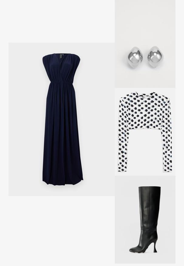 Navy blue maxi dress made of flowing fabric, featuring a deep V-neck, gathered shoulders, and an elastic waistband for shape.; Cropped long-sleeve top in stretchy white fabric featuring a black polka dot design, with a smooth texture and round neckline.; Black leather knee-high boot with a fitted shaft and pointed toe. Features a distinctive curved heel and smooth textured surface.; Silver metal earrings with a smooth, rounded shape, featuring a polished finish and reflective surface. Minimalist design with no embellishments.