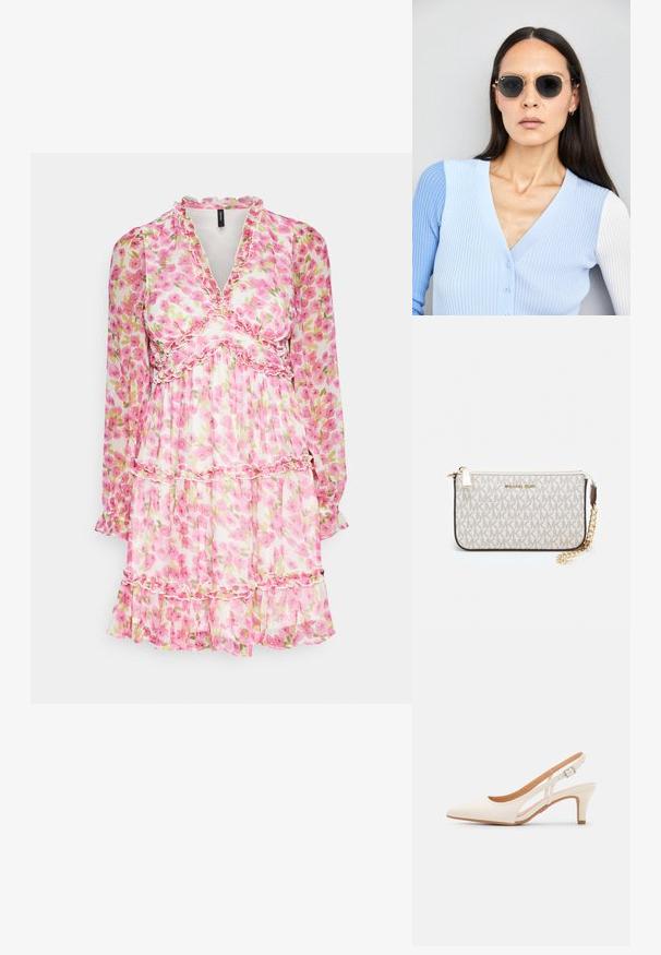 Gėlių suknelė su ilgomis rankovėmis, ruffle apykakle ir pakopiniu dizainu. Yra rožinė ir žalia gėlių raštas lengvame audinyje.; Balti slingback kulniukai su smailiu pirštu, lygia viršutine medžiaga, žemu blokuotu kulnu ir šoniniu išpjovimu su reguliuojamu sagtimi.; Apskriti saulės akiniai su tamsiais objektyvais ir auksiniais rėmeliais. Modelis vilki šviesiai mėlyną, raukinį kardiganą su mygtukais ir kontrastingomis baltomis rankovėmis.; Michael Kors rankinė smėlio spalvos dengto kanvoje su pakartotiniu MK logotipo raštu, auksinėmis detalėmis ir nuimamu grandininiu dirželiu.