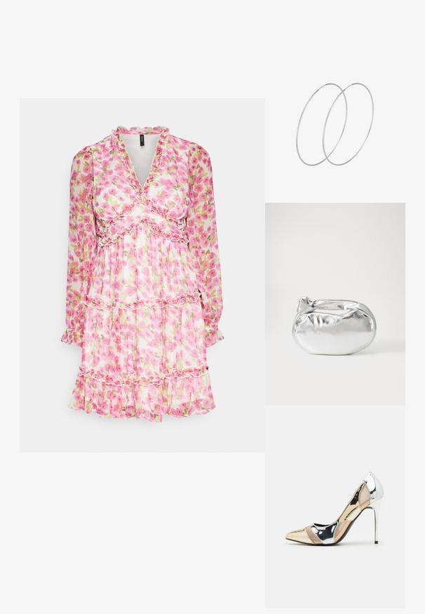 Cvečni透 vestido z dolgimi rokavi, nabranim izrezom in večplastnim dizajnom. Značilna je roza in zelena cvetna vzorec na lahkem materialu.; Čevlji z visoko peto in konico, v barvni kombinaciji srebrne, zlate in nude. Sijajna obdelava z izrezljanim dizajnom, z igličasto peto.; Srebrna kovinska torbica z mehko, zaobljeno obliko in zavezano zgornjo zaporo. Narejena iz gladkega umetnega usnja.; Srebrne uhane v obliki obroča z minimalističnim dizajnom. Krožna oblika, gladka tekstura in tanek profil. Lahki s poliranim zaključkom.