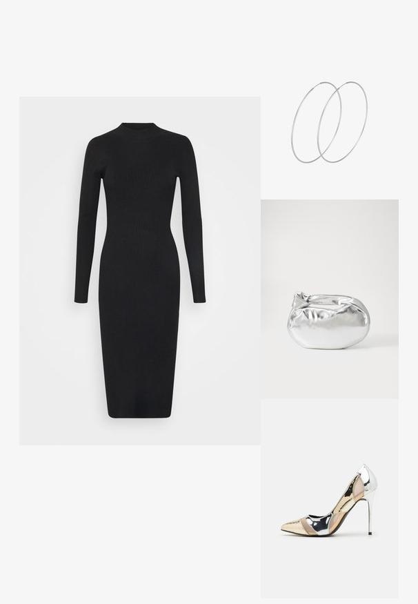 Czarna dzianinowa sukienka o prążkowanej fakturze, z długimi rękawami, wysokim kołnierzem i dopasowanym krojem, sięgająca tuż poniżej kolan. Gładka tekstura, brak wzorów.; Czółenka na wysokim obcasie z wąskim noskiem w kolorze srebrnym, złotym i nude. Lśniące wykończenie z wycięciami, z obcasem w stylu stiletto.; Srebrna metaliczna torba worek o miękkim, zaokrąglonym kształcie i zawiązywanym z góry zapięciem. Wykonana z gładkiego materiału imitującego skórę.; Srebrne kolczyki w formie obręczy o minimalistycznym designie. Okrągły kształt, gładka faktura i cienki profil. Lekkie, z polerowanym wykończeniem.