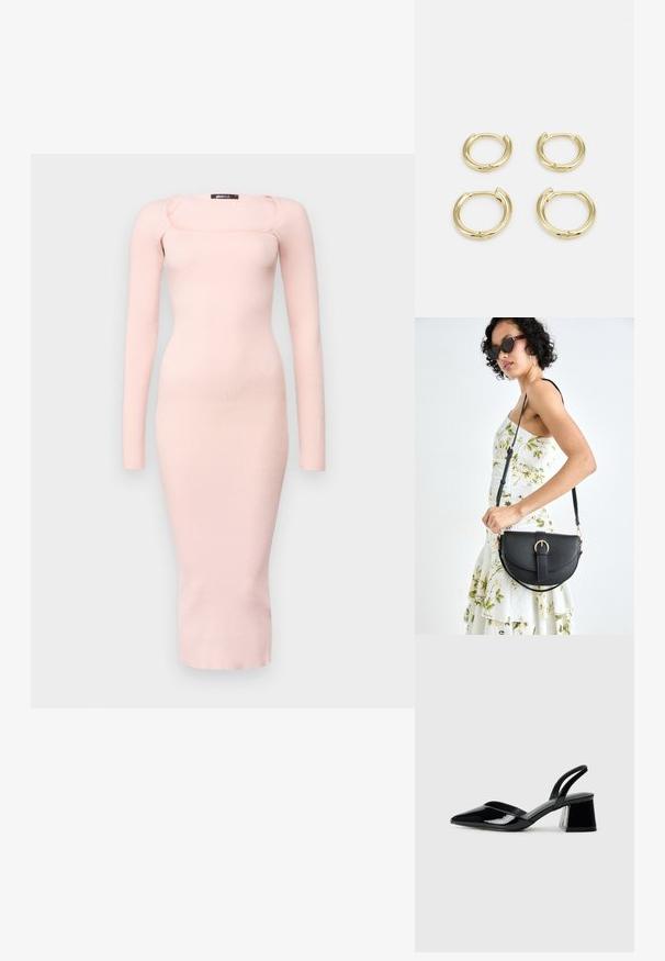 Ilgi piedurkņu, ribota adījuma kleita maigi rozā krāsā, ar kvadrātveida izgriezumu un pieguļošu siluetu, kas sniedzas līdz zem ceļgaliem.; Melna lakota āda ar atvērto papēdi, ar smailu purngalu un ģeometrisku blokpapēdi. Iezīmējas elegants, minimāls dizains un gluda tekstūra.; Melnas ādas rokassoma ar izliekta formu, noņemamu siksnu un zelta aksesuāriem. Somai ir vāciņš ar sprādzes detaļu.; Zelta gredzenu auskari, četri gabali, gluda virsma, noapaļota forma, dažādu izmēru, ar eņģu aizdari ērtai valkāšanai.