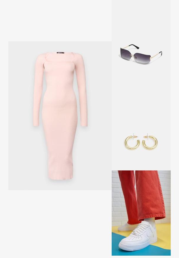 Dolga rokavi, rebrasto pletena obleka v mehki roza barvi, z kvadratnim izrezom in prilegajočim silhueto, ki sega do sredine meč.; Beli usnjeni športni čevlji s perforiranim prstnim delom, teksturiranim podplatom in belimi vezalkami, v kombinaciji s širokimi rdečimi hlačami in modro-rumeno ozadje.; Sončne očala s sivo naravnanimi lečami, zlatim kovinskim okvirjem in črnimi plastičnimi detajli. Edinstvene leče v obliki metulja z tankimi ročaji.; Zlate uhane v obliki obročkov z gladko, sijočo površino. Krožna zasnova s majhnim nosilcem in prozornim podplatom za varno nošenje.