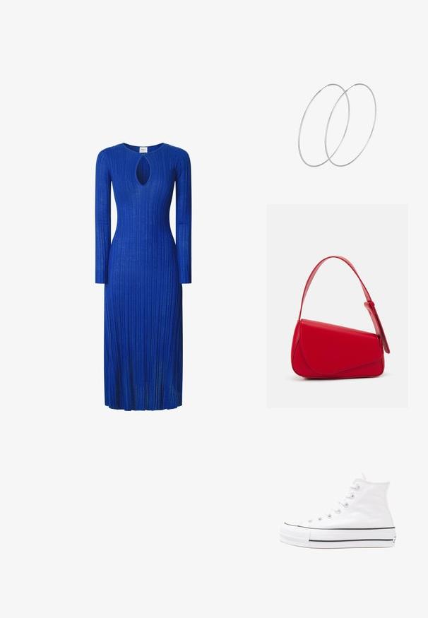 Zilā auduma garumās piedurknes, ribota kleita ar atslēgas caurumu dekoltē un pieguļošu siluetu līdz vidus teļam.; Balti augstie kanvas sporta apavi ar melnu gumijas zoli, priekšējo gumijas purngalu un sešām acīm lencēm, kuriem ir tīrs, minimālistisks dizains.; Sarkans ādas rokassomi ar stūrainu, ģeometrisku dizainu. Iekļauj vienu regulējamu siksnu un vāku ar izšūtu detaļu.; Sudraba gredzenveida auskari ar minimālistisku dizainu. Cirkulāra forma, gluda tekstūra un plāns profils. Vieglu svaru ar spīdīgu apdari.