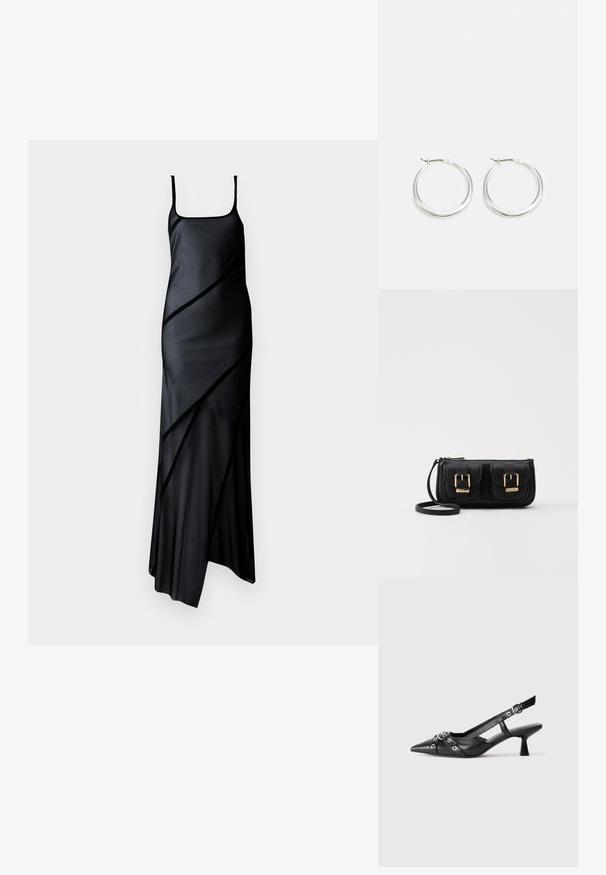 Czarna satynowa sukienka na cienkich ramiączkach, z ukośnym panelem i rozkloszowaną spódnicą. Gładka textura i minimalistyczny design.; Czarne skórzane buty typu slingback z ostrym noskiem, ozdobnymi paskami z metalowymi oczkami oraz niskim klinowym obcasem. Teksturowana powierzchnia.; Czarna skórzana torba na ramię z dwoma przednimi kieszeniami, złotymi klamrami, zamkiem błyskawicznym i cienkim paskiem. Teksturowana powierzchnia i kompaktowy prostokątny kształt.; Srebrne kolczyki w formie kół mają gładki, zaokrąglony design z cienkim profilem i bezpiecznym zapięciem. Minimalistyczny styl z polerowanym wykończeniem.