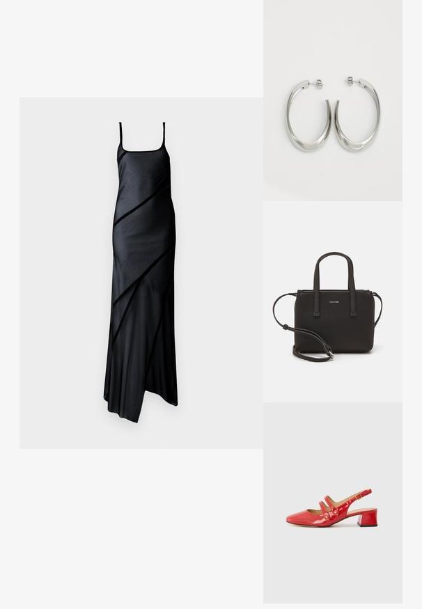 Crna saten haljina s tankim trakama, s dijagonalnim panela i lepršavom suknjom. Glatka tekstura i minimalistički dizajn.; Crvena lakirana kožna cipelica s otvorenom petom, s oblikom uskog vrha, dizajnom s dvije trake koje sadrže kružne detalje i niskom blok petom.; Crna torba s dva kratka ručka i uklonjivom naramenicom. Glatki materijal nalik koži s zatvaračem na zatvaranje i detaljem s logom.; Srebrne kružne naušnice s glatkim, zakrivljenim dizajnom. Imaju sjajnu metalnu završnu obradu i kopču na tipku. Nema vidljivih uzoraka ili ukrasa.