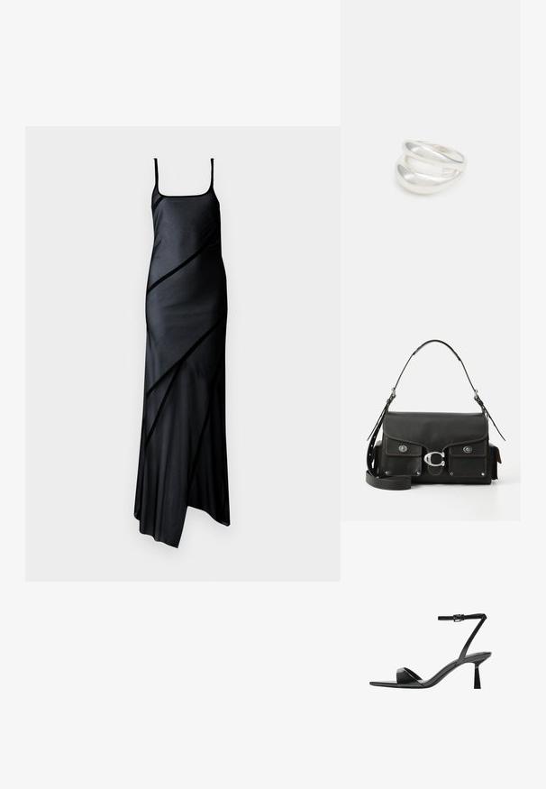 Czarna satynowa sukienka na cienkich ramiączkach, z ukośnym panelem i rozkloszowaną spódnicą. Gładka textura i minimalistyczny design.; Bershka - Sandały na obcasie; Czarna skórzana torebka na ramię z klapką, srebrnymi detalami, dwiema przednimi kieszeniami, kontrastowym przeszyciem oraz odpinanym paskiem na ramię.; Srebrna obrączka podwójna z gładką, polerowaną powierzchnią. Posiada płynny, zakrzywiony kształt z nakładającymi się sekcjami, co nadaje nowoczesny wygląd.
