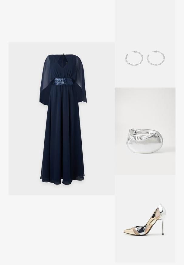 Abito maxi blu navy con scollatura a V e maniche a cappotto trasparenti. Una fascia in paillettes aggiunge texture e brillantezza. Tessuto liscio e fluido.; Scarpa con tacco alto a punta, con una combinazione di colori argento, oro e nudo. Finitura lucida con design a ritaglio, con tacco a stiletto.; Borsa a pochette metallica argentea con una forma morbida e arrotondata e chiusura superiore annodata. Realizzata in materiale sintetico morbido.; Orecchini a cerchio in argento con un design torciglionato, caratterizzati da una finitura lucida e chiusura a perno. Misurano circa 3 cm di diametro.