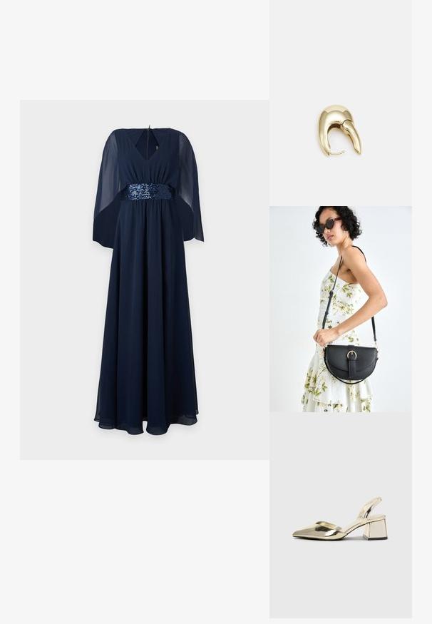 Marineblå maxikjole med V-hals og gennemsigtige kapeslag. En palietbånd tilføjer tekstur og glans. Glat, flydende stof.; Gull, metallisk slingback-hæler med spiss tå og chunky hæl. Glatt tekstur, minimalistisk design og en smal stropp.; Svart lærveske med en buet form, avtagbar stropp og gullbeslag. Vesken har et klaff med spenne-detall.; Gullfarget metalløredobber med et elegant, buet design. Har en karakteristisk spiss form, polert overflate og hengsel-lukking.